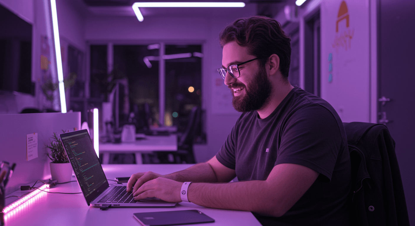 pessoa da squad trabalhando no notebook em escritório com luz roxa